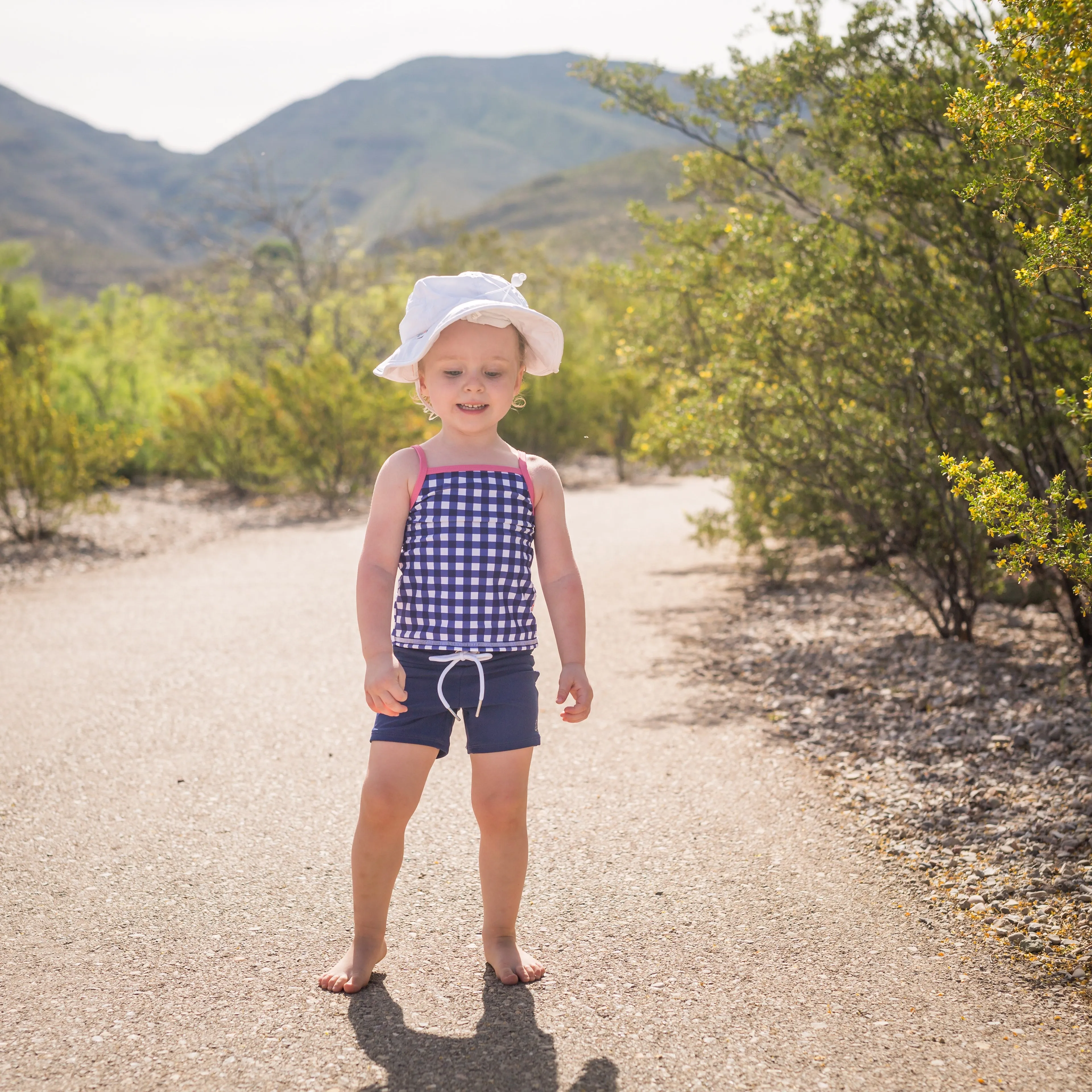 Girls Long Sleeve Rash Guard   Tankini Shorts Set (3 Piece) | "Navy Gingham"