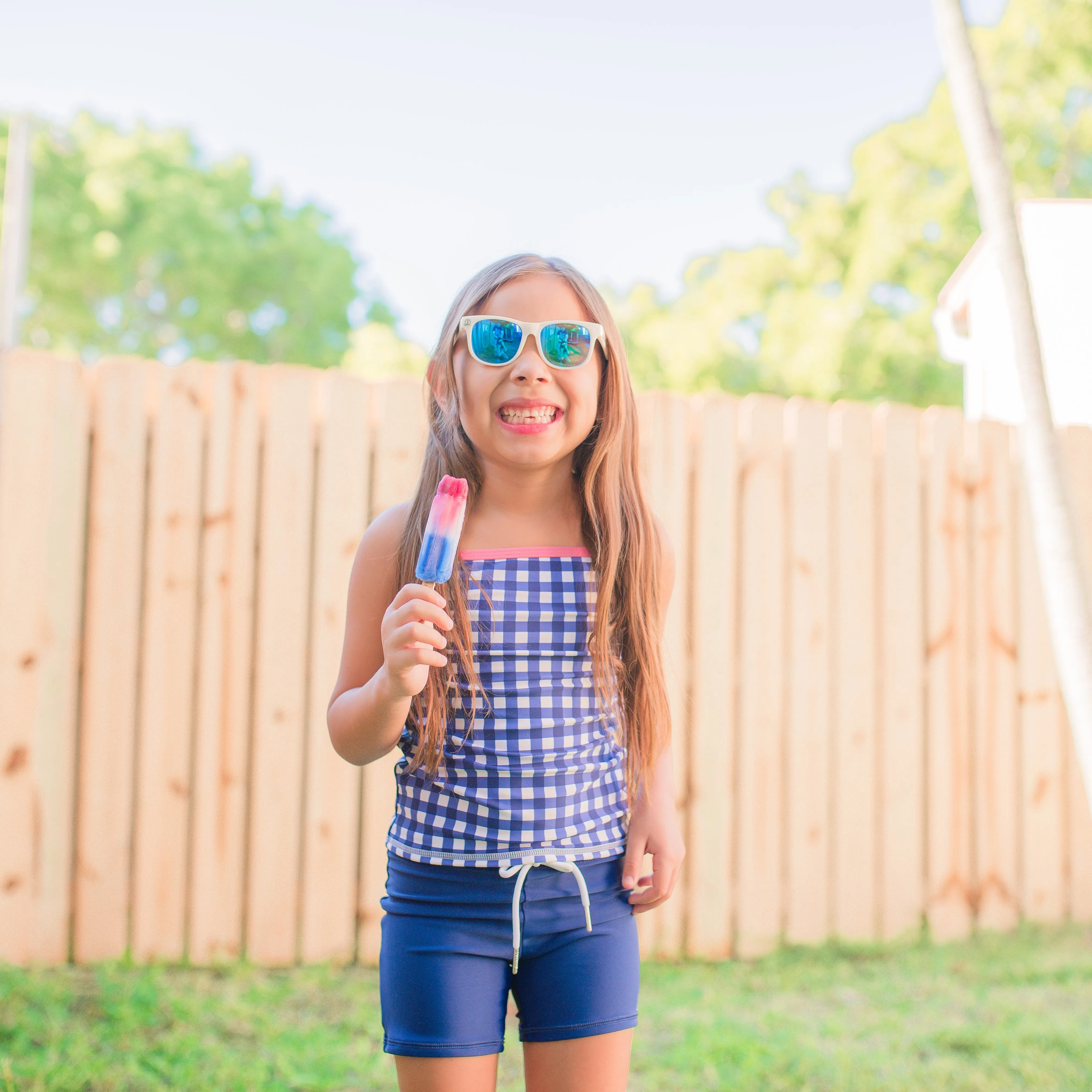 Girls Long Sleeve Rash Guard   Tankini Shorts Set (3 Piece) | "Navy Gingham"