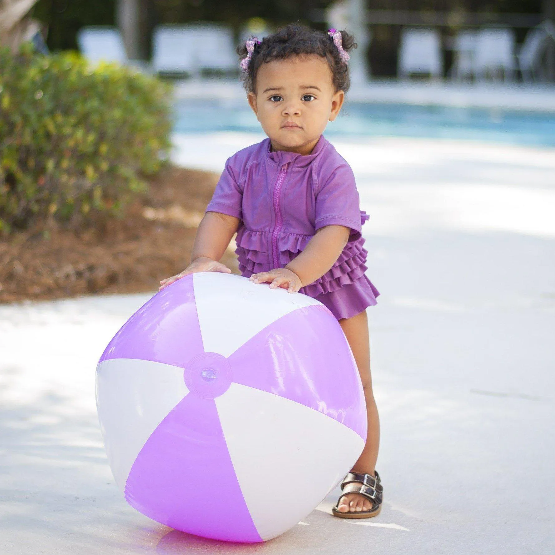Girls Short Sleeve Rash Guard Swimsuit Set (2 Piece) - "Ruffle Me Pretty" Purple