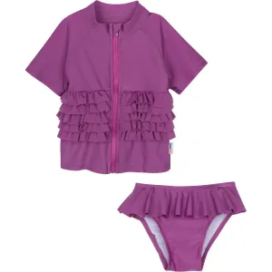 Girls Short Sleeve Rash Guard Swimsuit Set (2 Piece) - "Ruffle Me Pretty" Purple