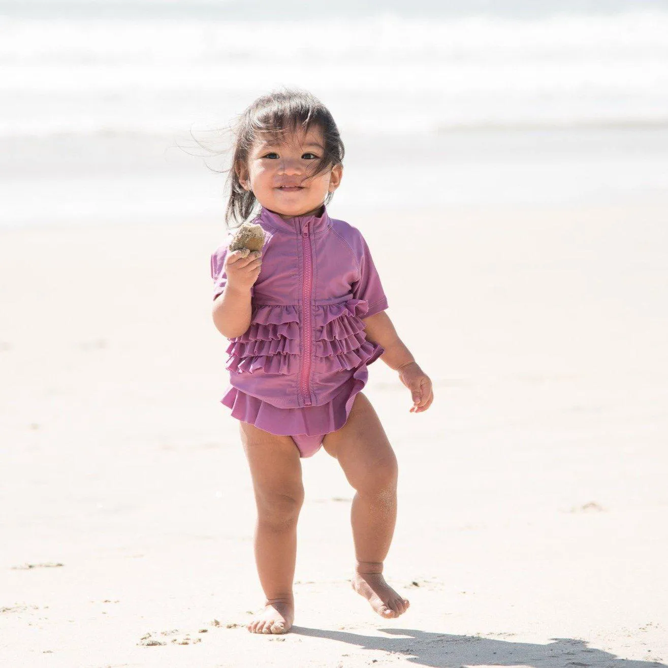 Girls Short Sleeve Rash Guard Swimsuit Set (2 Piece) - "Ruffle Me Pretty" Purple