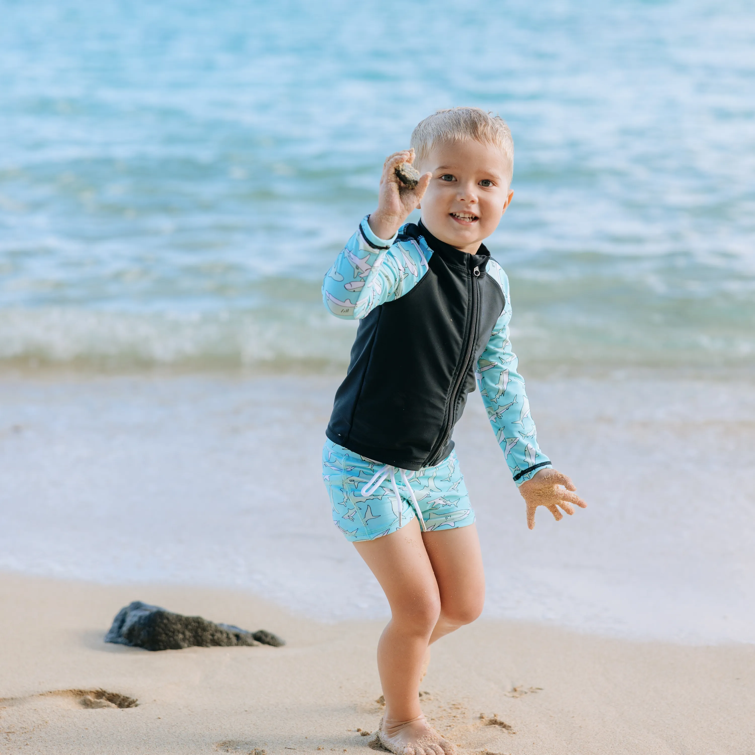 Kids Euro Shorties   Long Sleeve Rash Guard Set | "Deep Blue Sharks"