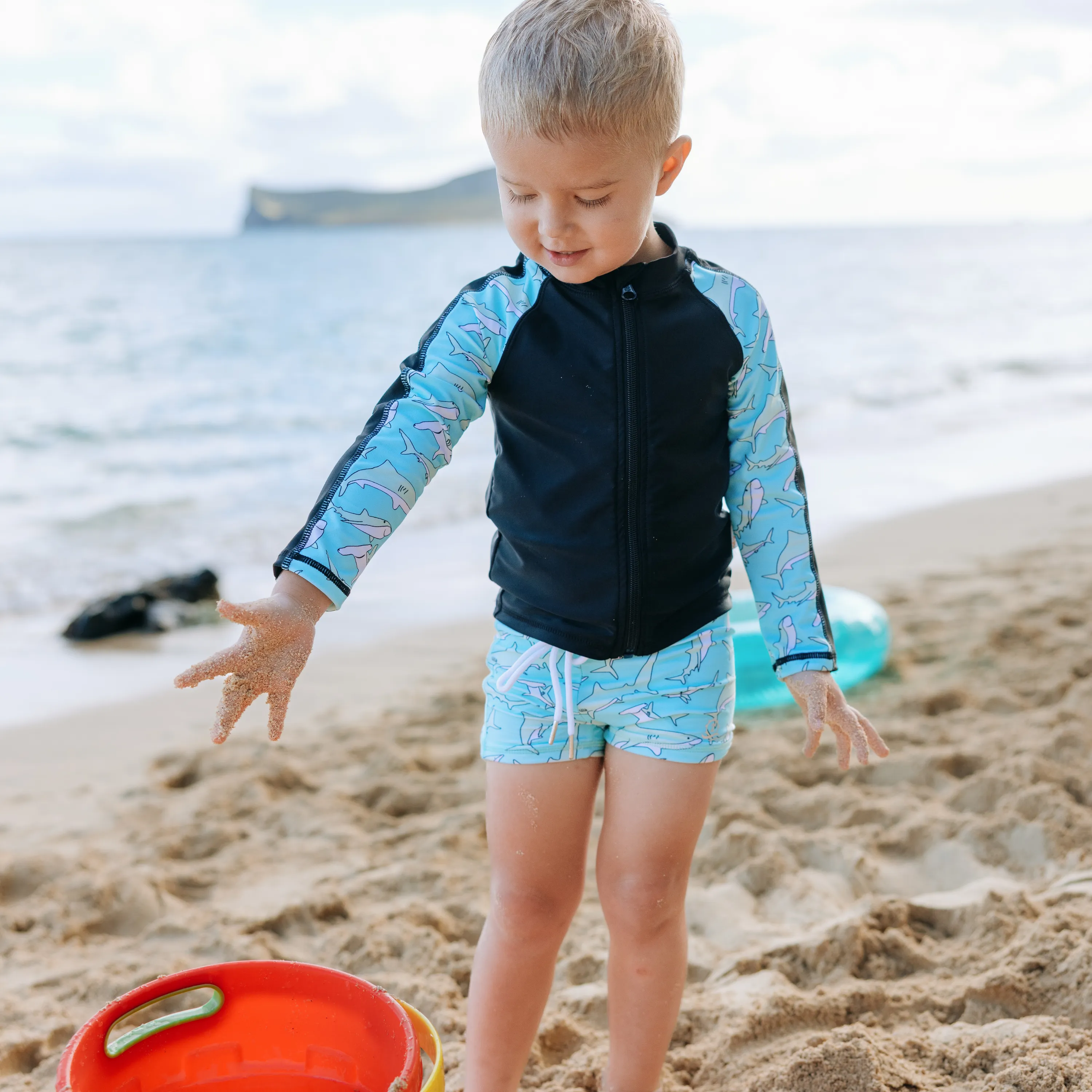 Kids Euro Shorties   Long Sleeve Rash Guard Set | "Deep Blue Sharks"