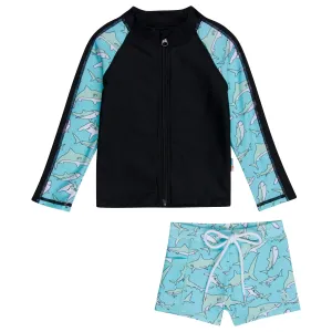 Kids Euro Shorties   Long Sleeve Rash Guard Set | "Deep Blue Sharks"