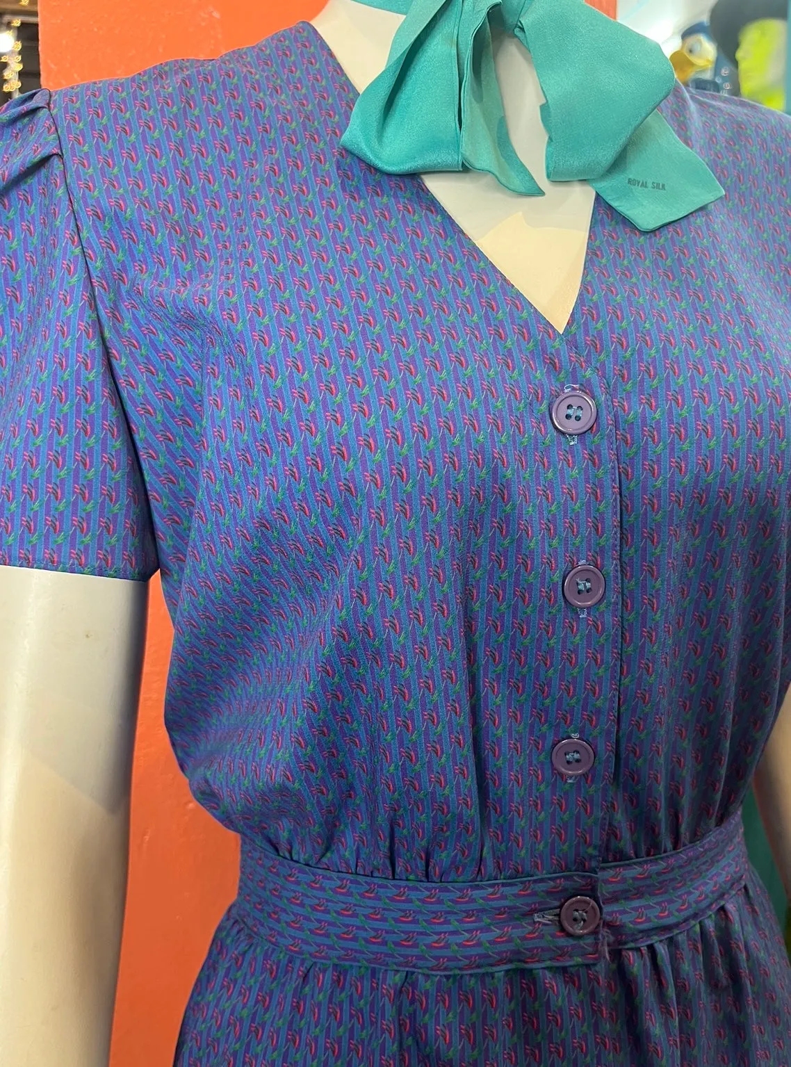 Vintage 70s 80s | Pretty Blue Abstract Print Secretary Dress | Size M