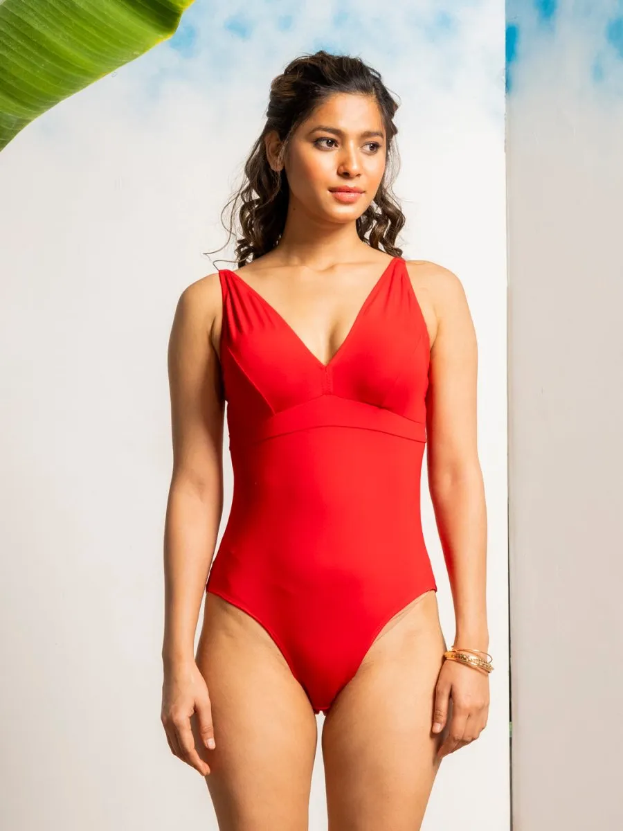 Women Red Solid Bodysuit Swimwear