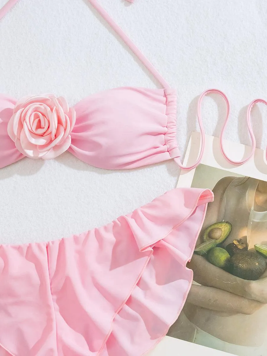 Women's Pink 3D Flowers Bikini Set | Sexy Two-Piece Swimwear